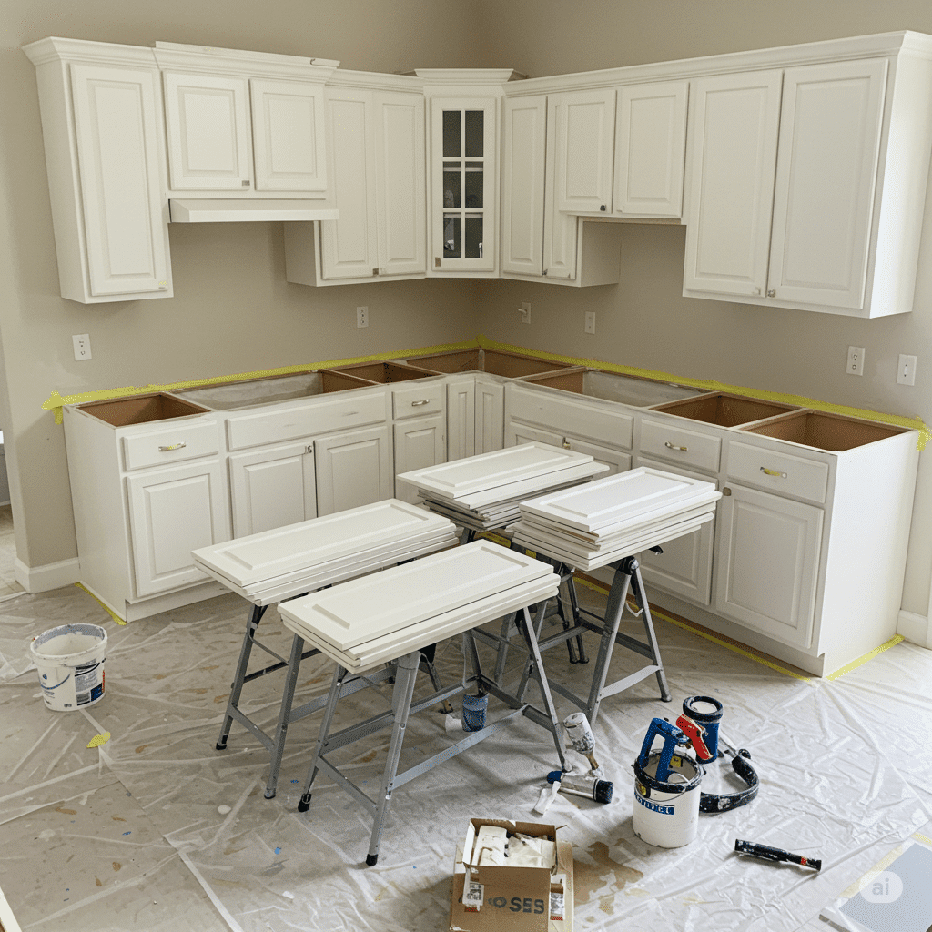 Cabinet doors on sawhorses in a prepped kitchen ready for painting