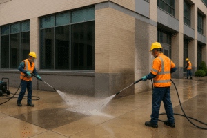 commercial pressure washing crew cleaning office building exterior