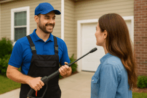 Homeowner Discusses Driveway Quote with Pressure Washing Contractor