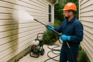 pressure washing contractor cleaning house siding