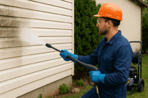 professional pressure washing contractor cleaning house siding