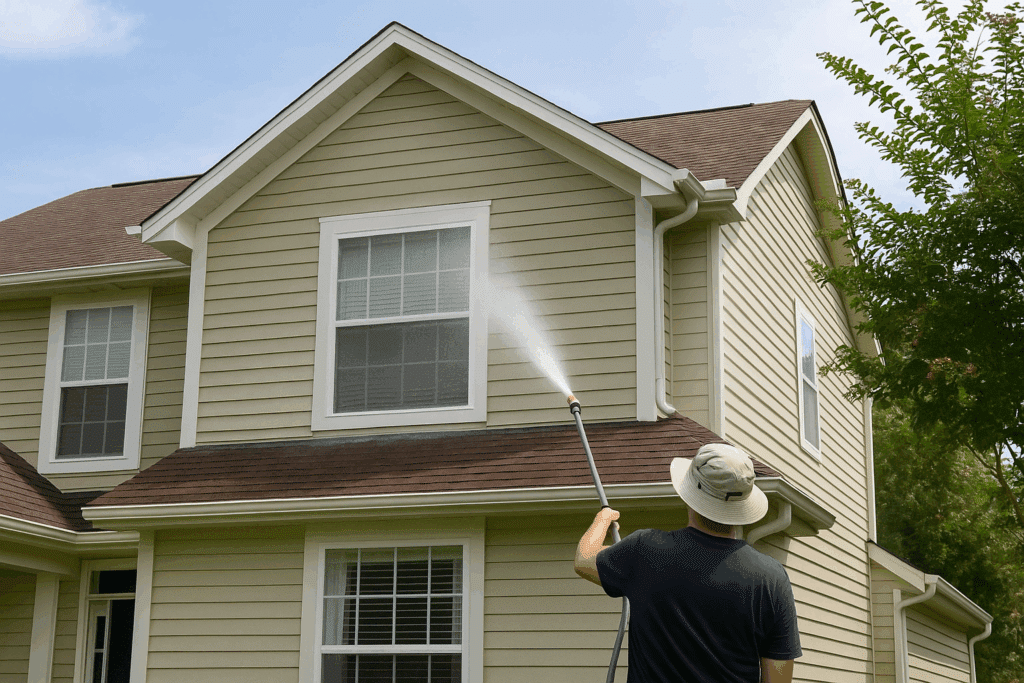 Worker soft washing a two-story home siding in Jacksonville