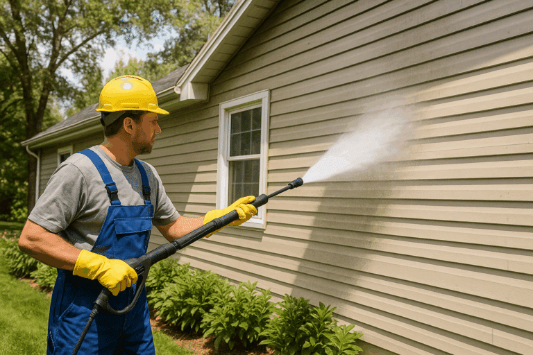 exterior cleaning technician washing siding