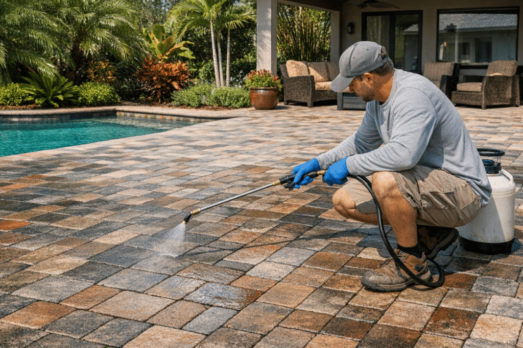 Professional worker applying sealer to Florida paver patio