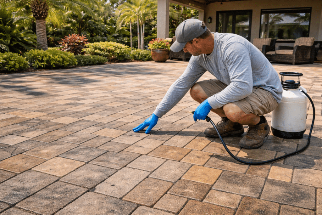 Worker inspecting sun-faded pavers before resealing